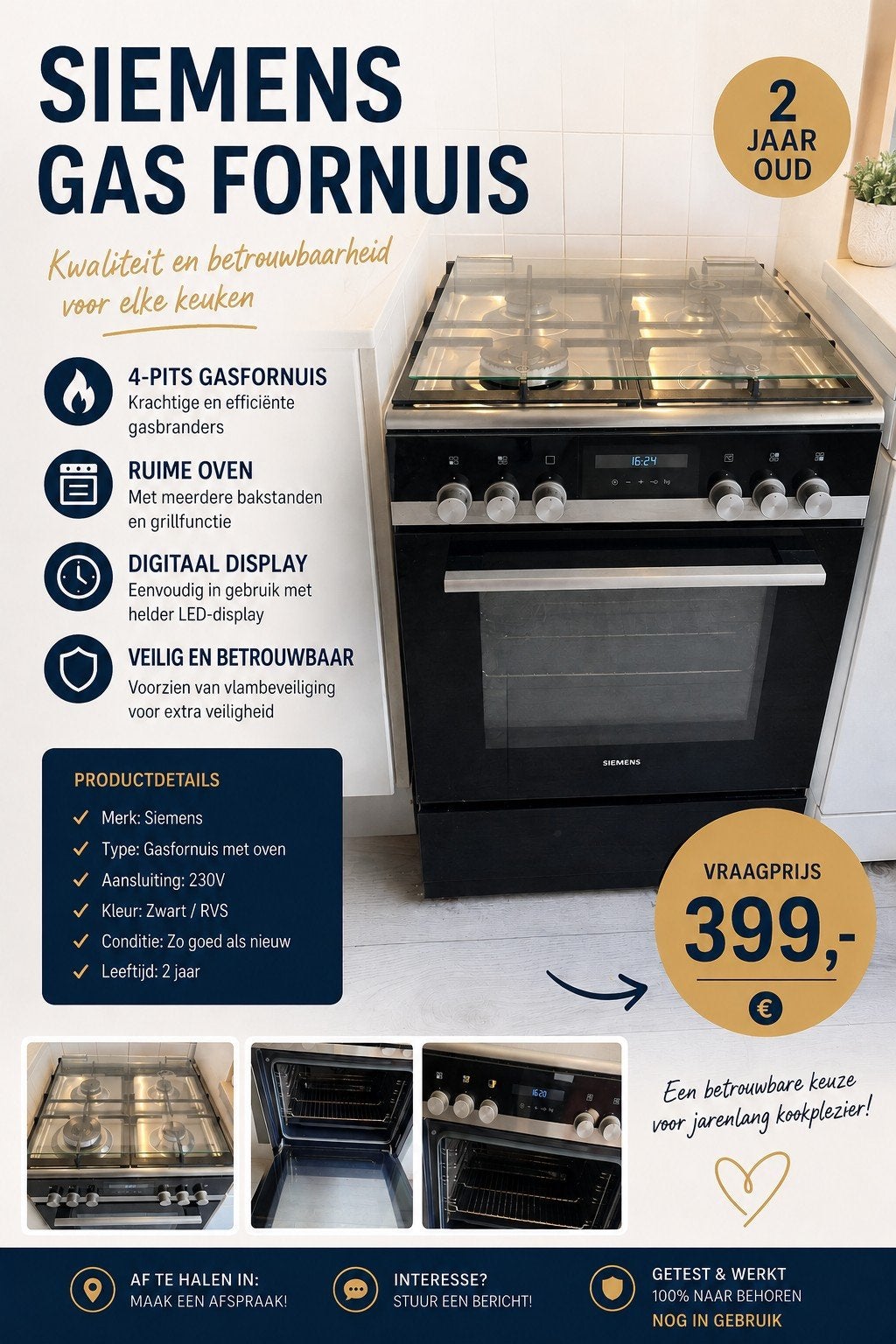 Siemens Vrijstaand Gasfornuis met Oven - 2 jaar oud, Ophalen, 60 cm of meer, 4 kookzones, Zo goed als nieuw