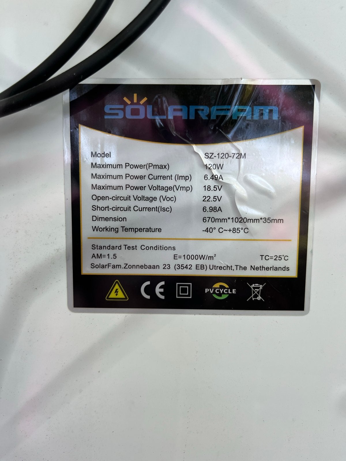 SolarFam Zonnepaneel 120Wp, Ophalen of Verzenden, Gebruikt, Paneel, 100 tot 200 wattpiek