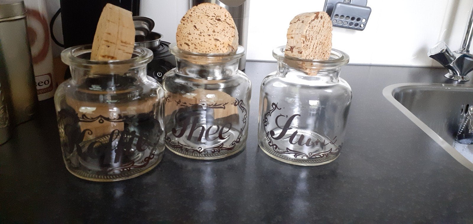 3 voorraad potten glas met kurk koffie  thee suiker, Ophalen of Verzenden, Gebruikt, Glas, Pot, Bus of Blik