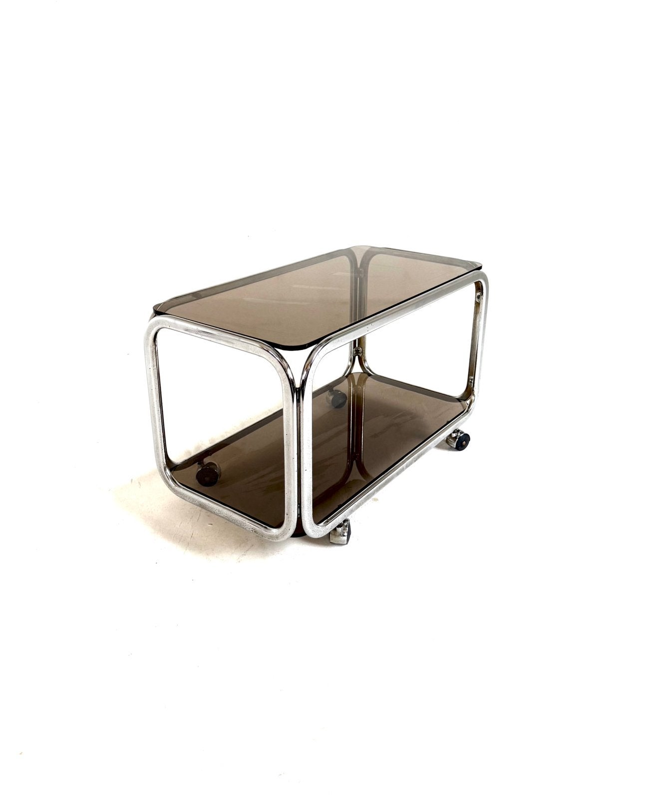 Vintage chroom & rookglazen trolley ‘80, 50 – 75, 100 tot 150 cm, Vintage retro buisframe design rotan webbing papercord deens