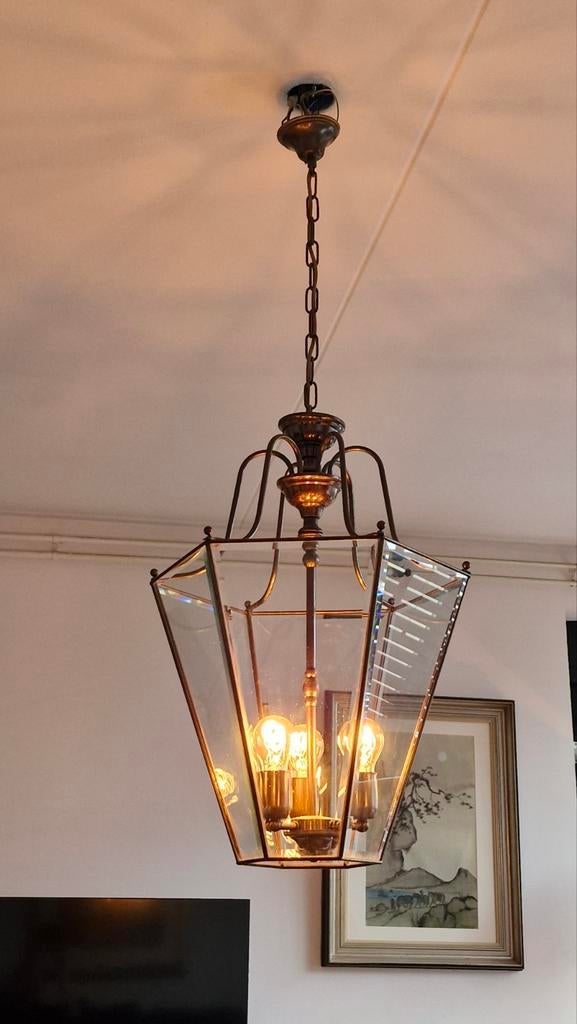 Grote bronzen lantaarn met geslepen glas, Huis en Inrichting, Klassiek, Ophalen of Verzenden, Zo goed als nieuw, Glas