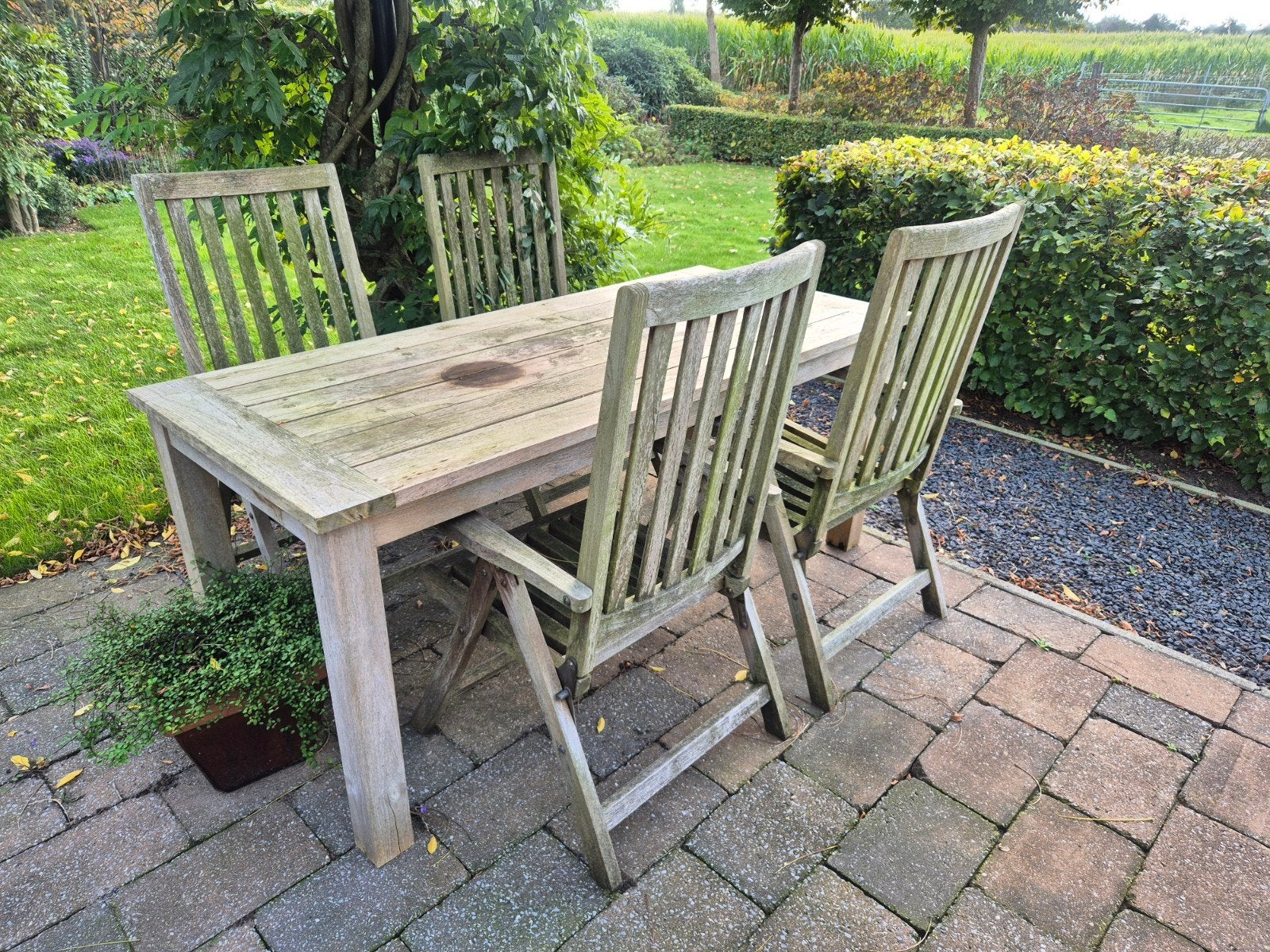 4 stuks teakhouten stoelen, Tuin en Terras, Ophalen, 4 zitplaatsen, Gebruikt, Stoel