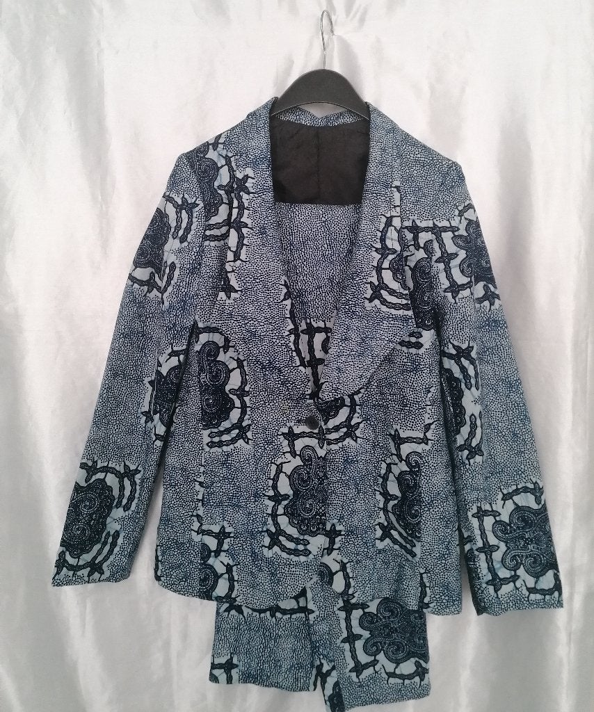 Dames pak katoen, african print jas en broek maat 36 € 60,00, Kostuum of Pak, Overige kleuren, Ophalen of Verzenden, Zo goed als nieuw