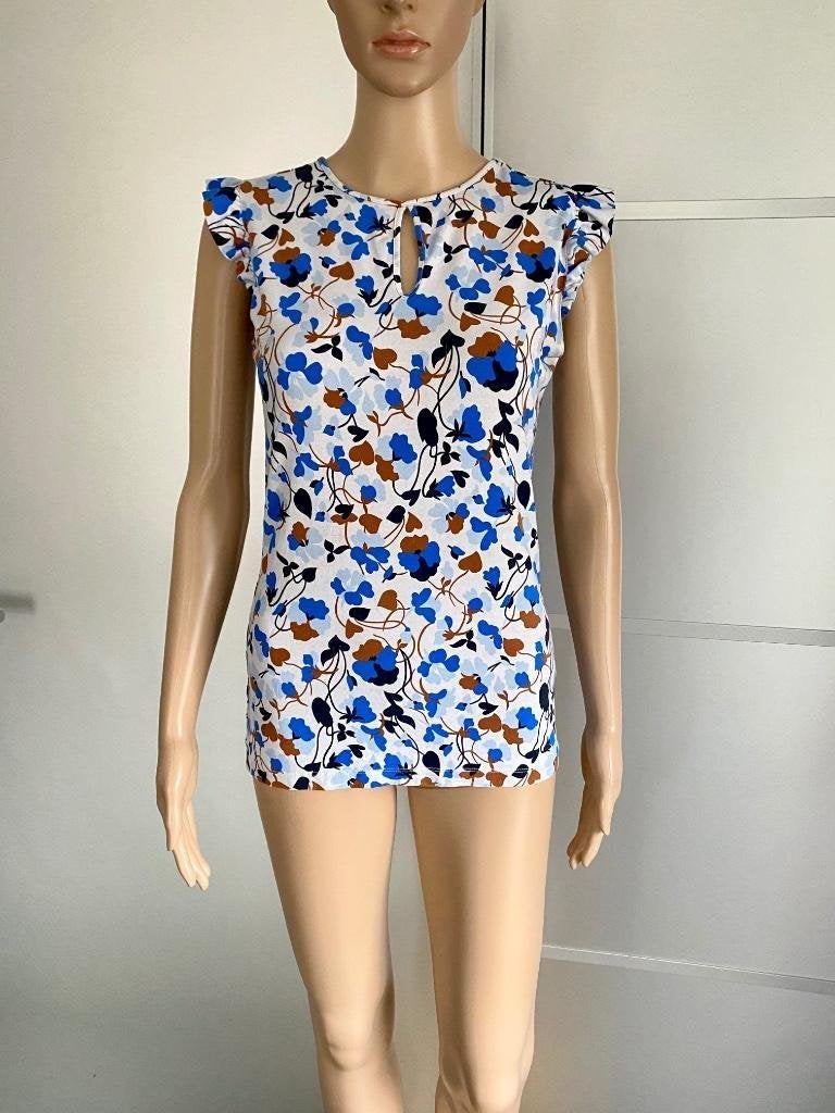 J286 Juffrouw Jansen maat S=36 top shirt blauw/wit/bruin, Kleding | Dames, Blauw, Ophalen of Verzenden, Zo goed als nieuw, Korte mouw