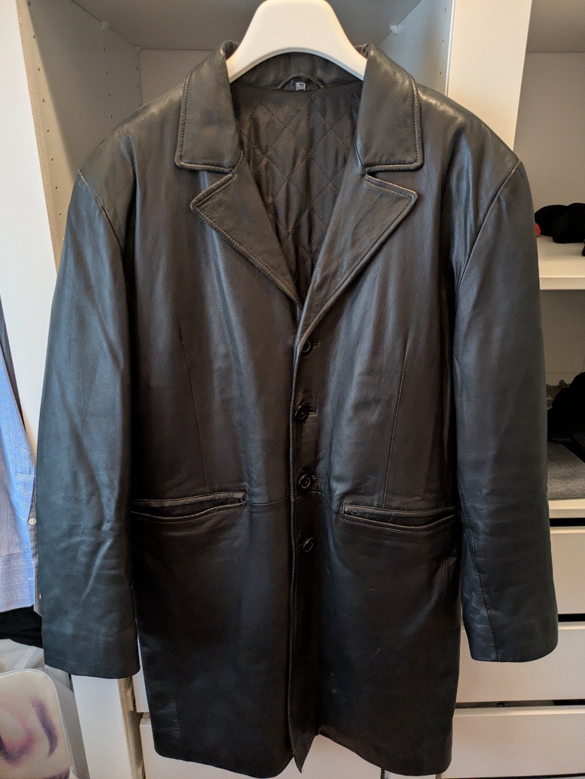 Halflange zwarte 100% leer jas, Ophalen, Onbekend, Maat 48/50 (M), Zwart