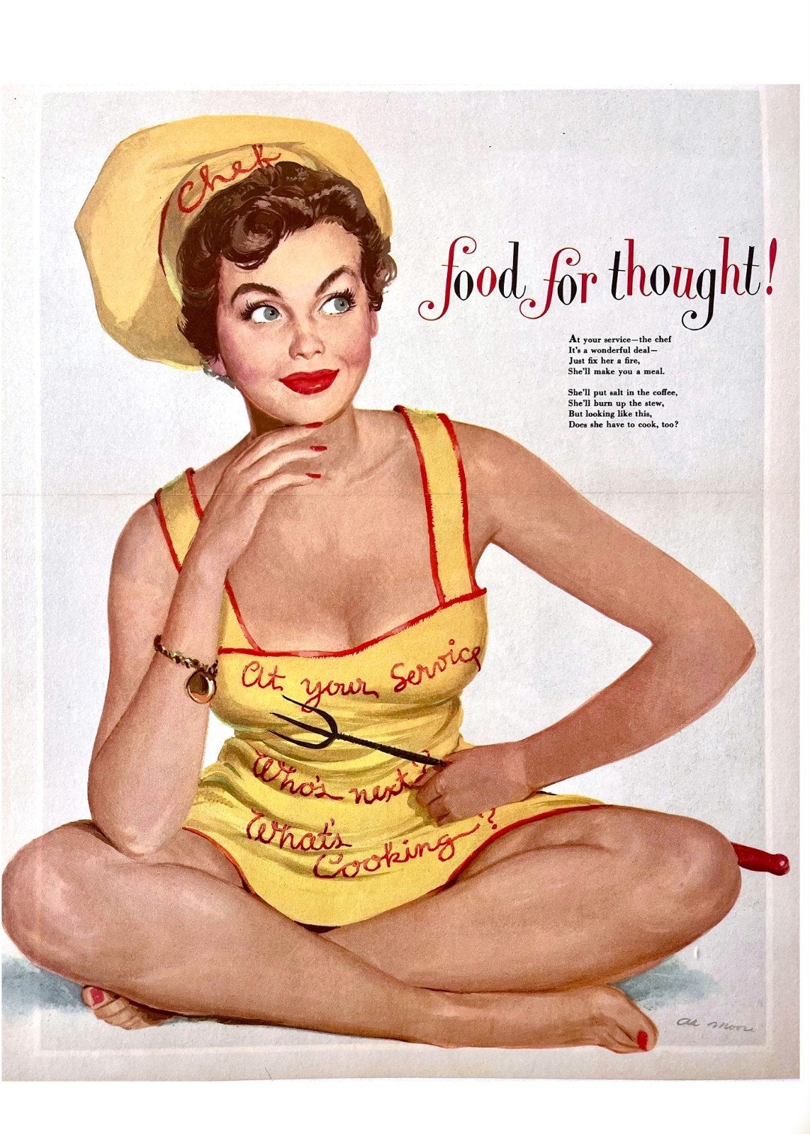 Vintage Pin-up Advertentie: 'Food for Thought!' Chef, Ophalen of Verzenden