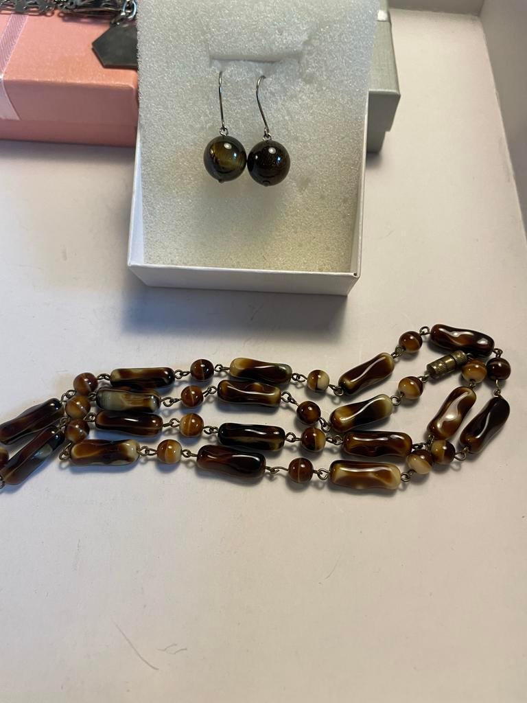 Vintage Tijgeroog Ketting & Nieuwe Oorbellen Cadeauset, Sieraden, Tassen en Uiterlijk, Kettingen, Gebruikt, Bruin, Ophalen of Verzenden