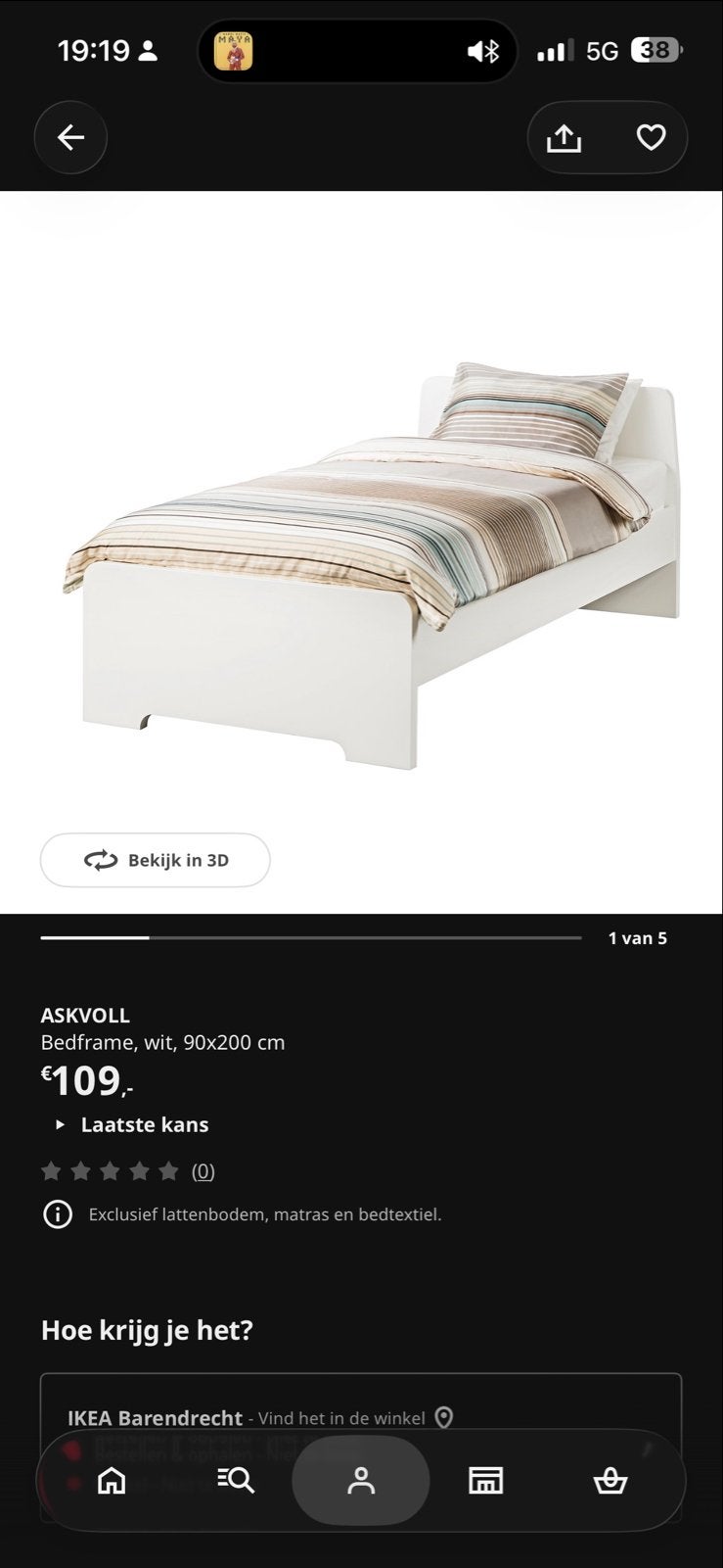 Ikea ASKVOLL bedframe wit, 90x200 cm, Ophalen, 90 cm, Eenpersoons, Wit