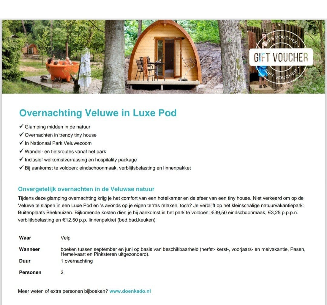 Tegoedbon voor een overnachting in een luxe pod op de Veluwe, Tickets en Kaartjes, Twee personen, 1 overnachting