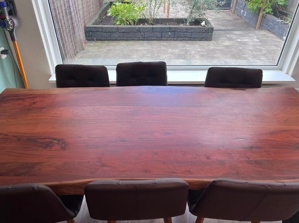 Sijben massief acacia eettafel 220x100 + 6 leren stoelen, 100 tot 150 cm, 200 cm of meer, Zo goed als nieuw, Vijf personen of meer