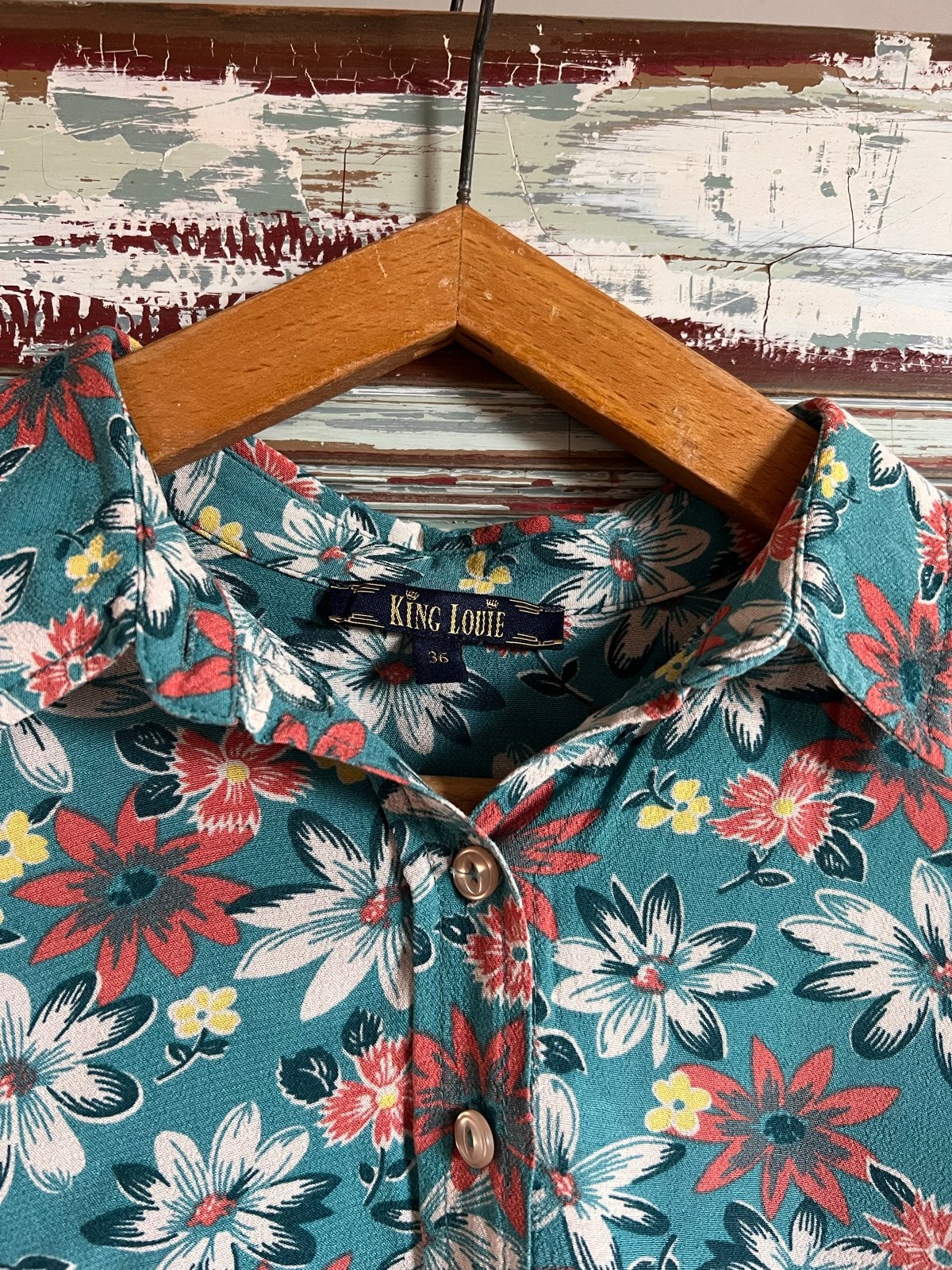King Louie Blouse met bloemenprint, maat 36, Blauw, Ophalen of Verzenden, Zo goed als nieuw, Korte mouw