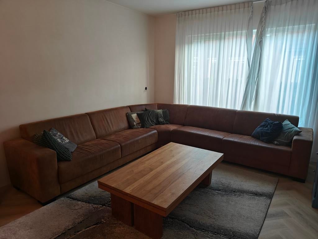 Cognac hoekbank 3m x 3m, Huis en Inrichting, Ophalen, Overige materialen, 250 tot 300 cm, Gebruikt