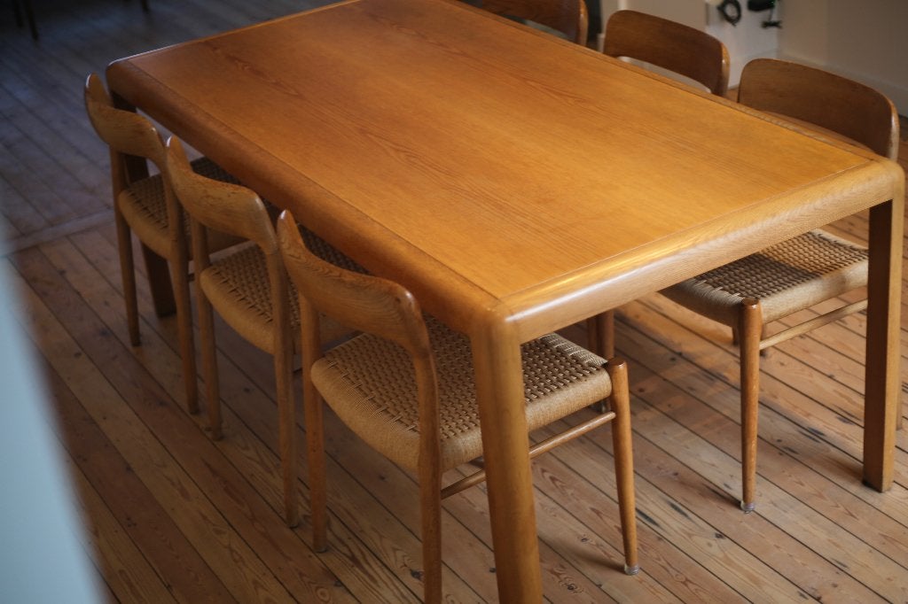 Vintage tafel met 6 Møller stoelen, Ophalen, Gebruikt, 50 tot 100 cm, Vijf personen of meer