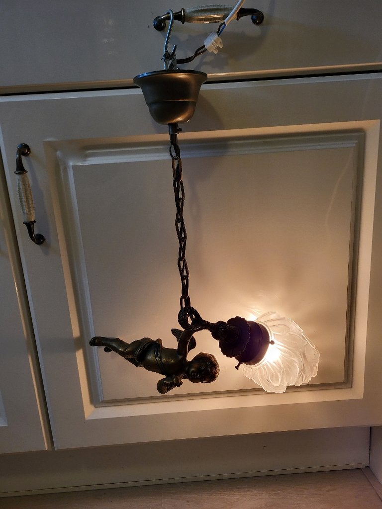 Brons engel hanglampje, Ophalen of Verzenden, Zo goed als nieuw, Glas, Minder dan 50 cm