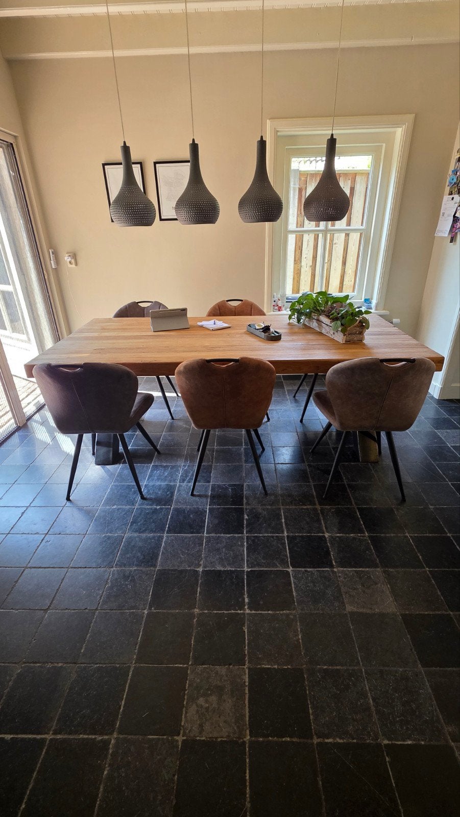 Eettafel & 6 stoelen, teakhouten blad en metalen onderstel, Ophalen, Gebruikt, 100 tot 150 cm, 200 cm of meer