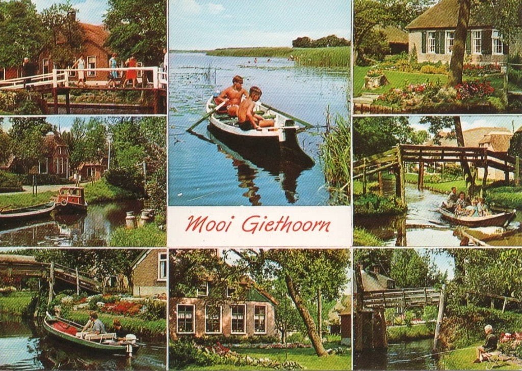 Ansichtkaart Giethoorn, 8-luik, punter, brug, boerderij, Ophalen of Verzenden, 1980 tot heden, Gelopen, Overijssel