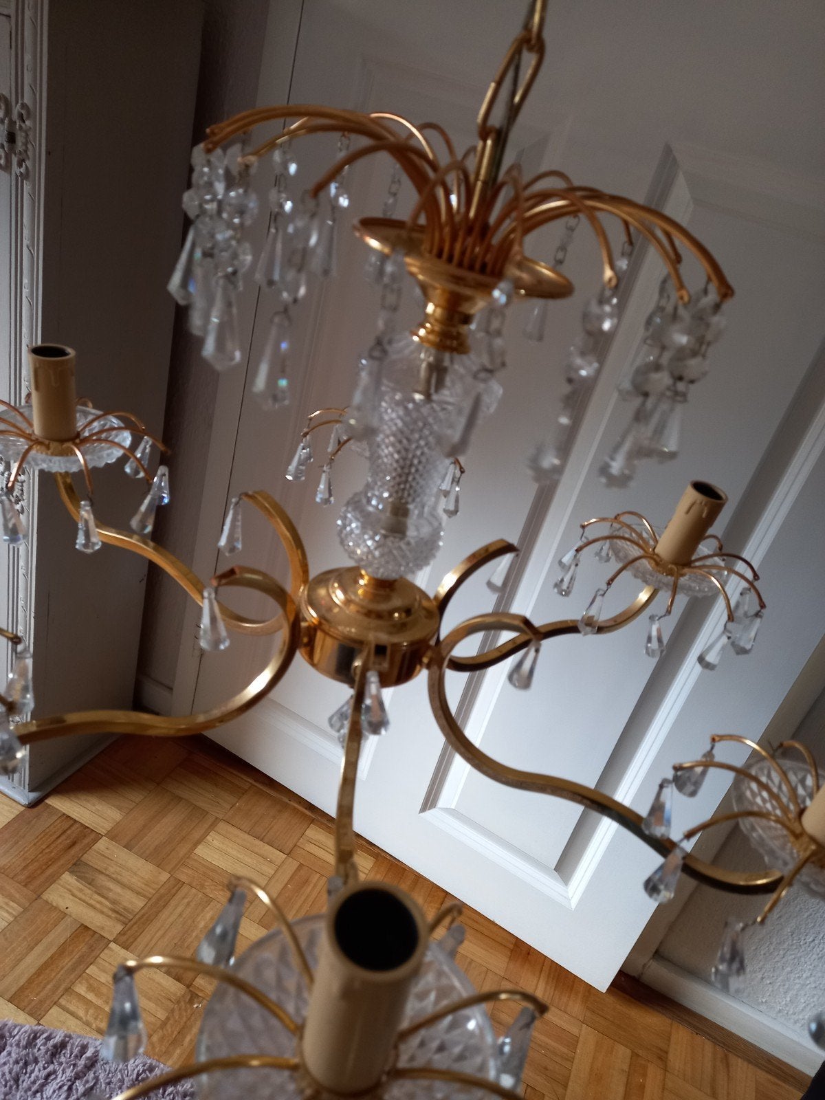 Hollywood Regency Vintage Hanglamp Messing met Kristal, Ophalen of Verzenden