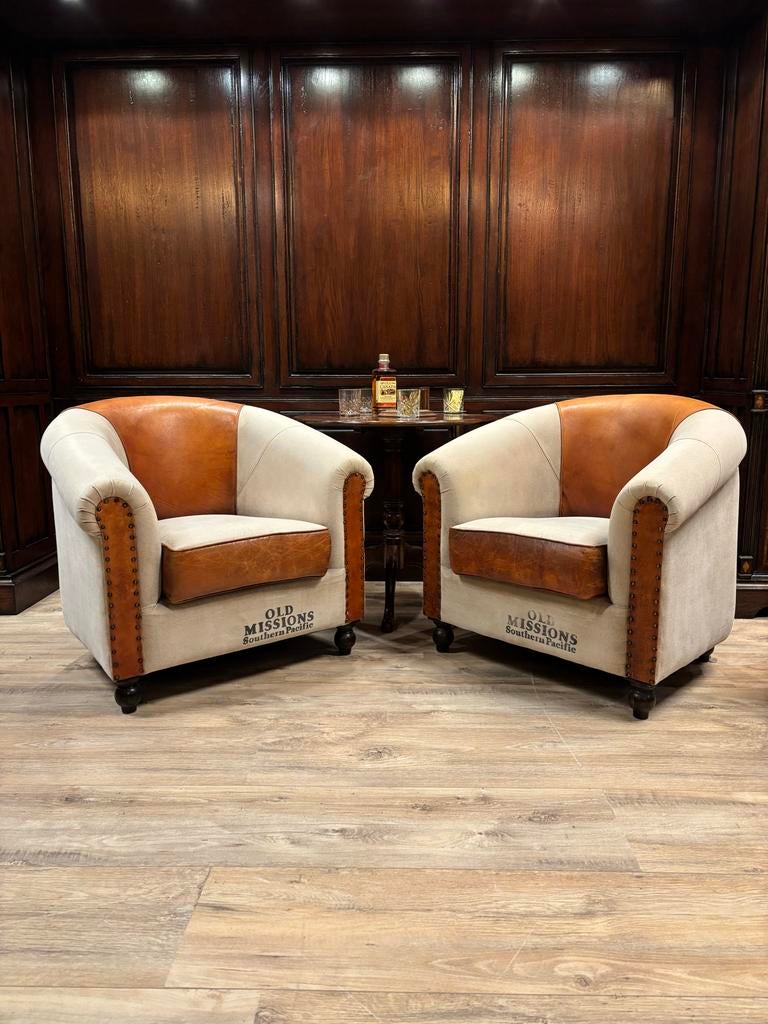 Club Fauteuils Schapenleer Canvas, Huis en Inrichting, Fauteuils, Ophalen, Gosem engelstaat, Gebruikt, Info@chesterfieldjunkie.nl