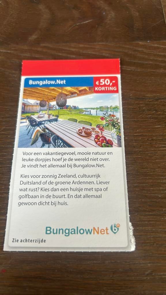 Bungalow 50 euro korting, Tickets en Kaartjes, Eén persoon, Kortingsbon