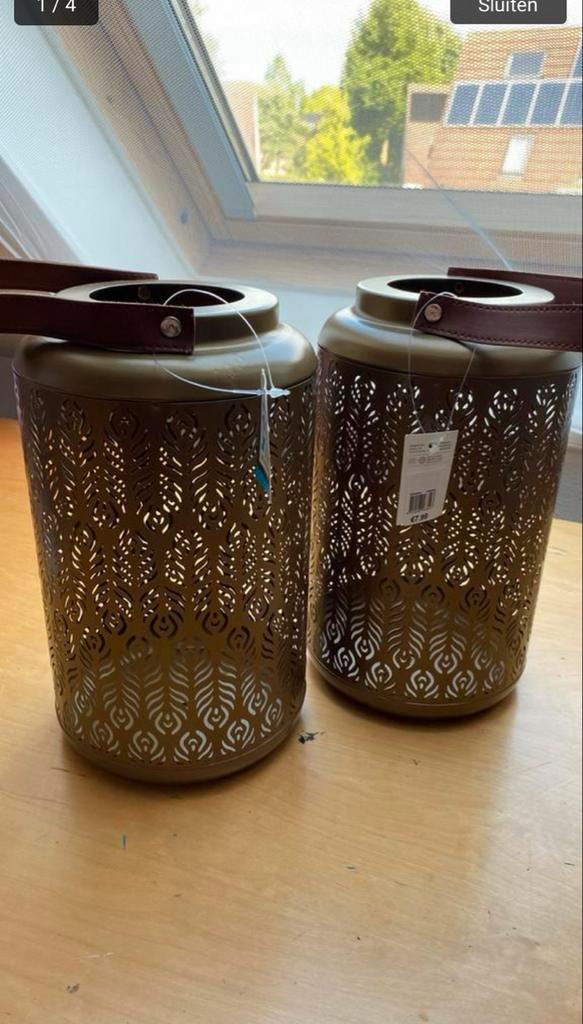 Gouden windlichten van Intratuin nieuw, Huis en Inrichting, Woonaccessoires | Kandelaars en Kaarsen, Bruin, 25 tot 50 cm, Ophalen of Verzenden