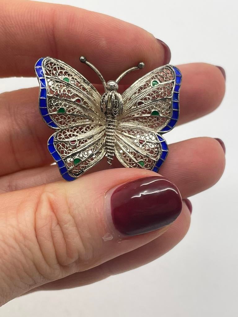 C193 Prachtige zilveren vlinder blauw emaille, Sieraden, Tassen en Uiterlijk, Antieke sieraden, Ophalen of Verzenden, Zilver, Broche