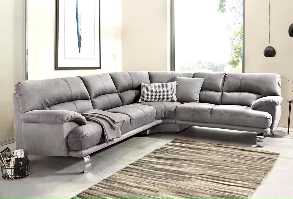Nieuwe hoekbank grijs / zilver suede pilotenleer bankstel, Keizer, 250 tot 300 cm, Keizer, Hoekbank