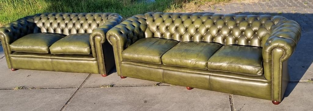 Chesterfield bankstel groen leer + BEZORGING GRATIS, Huis en Inrichting, Banken | Bankstellen, Gebruikt, Chesterfield, Ophalen of Verzenden