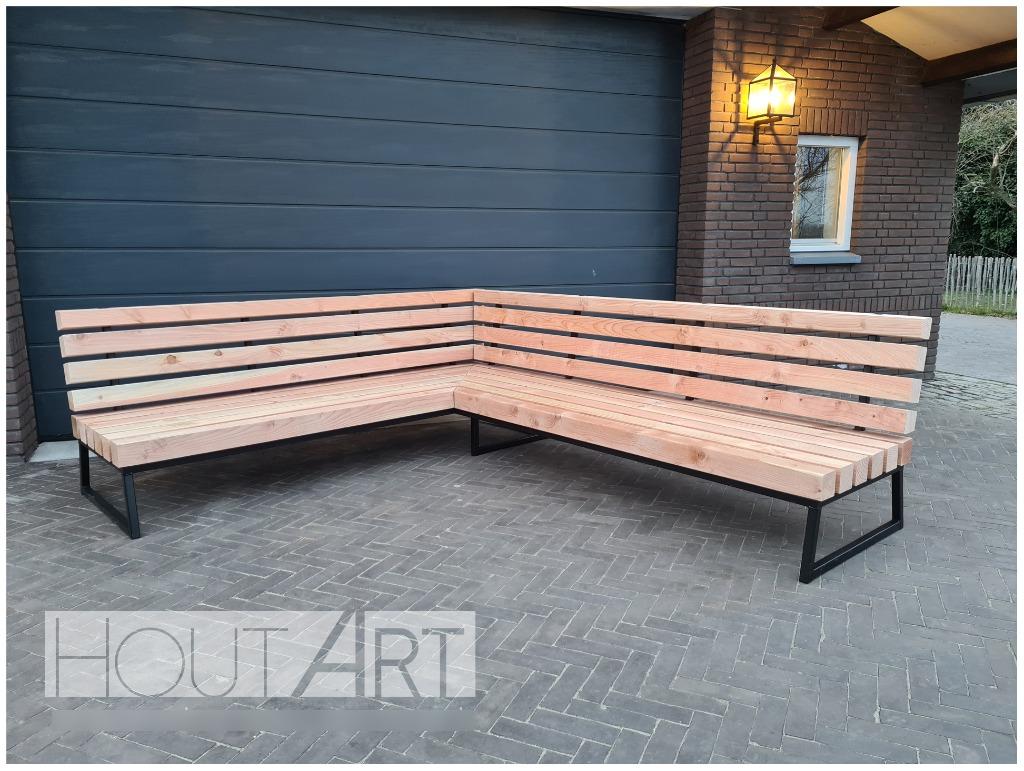 L-vorm Hoek loungebank Massive staal met douglas balken, Tuin en Terras, Tuinsets en Loungesets, 4 zitplaatsen, Hardhout, Bank