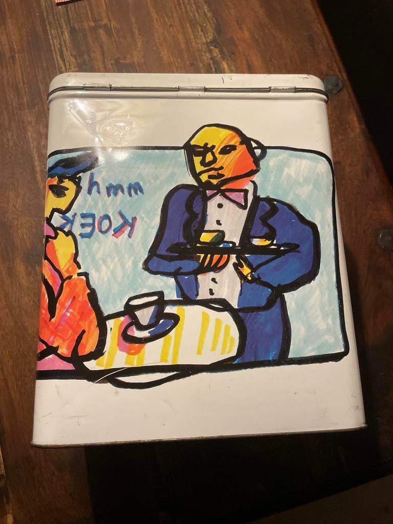 Koekblik Herman Brood - Wieger Ketellapper, Huis en Inrichting, Woonaccessoires | Kisten, Gebruikt, Minder dan 50 cm, Metaal, Ophalen of Verzenden