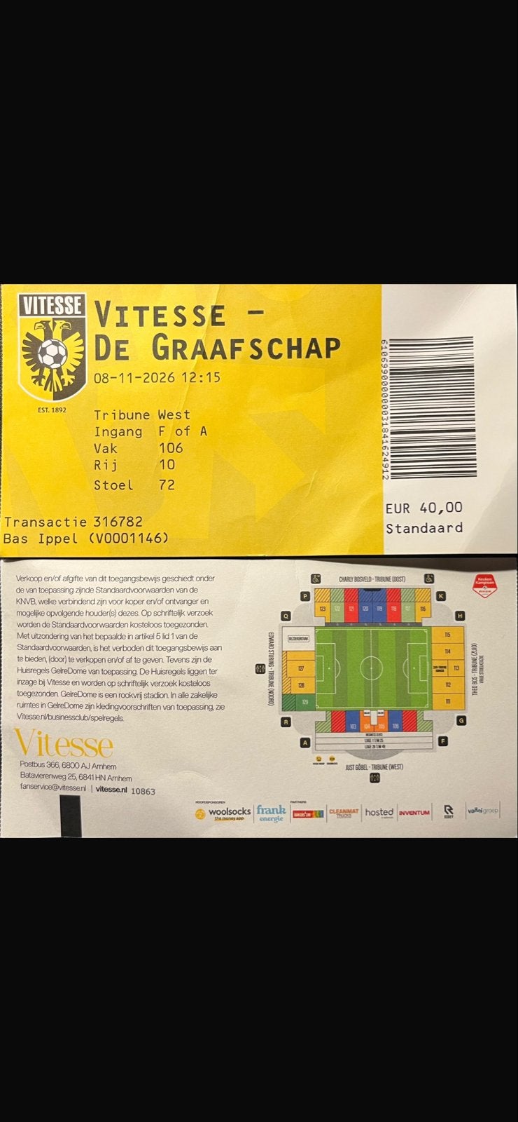 1x kaartje Vitesse- de Graafschap, Losse kaart, Eén persoon, November