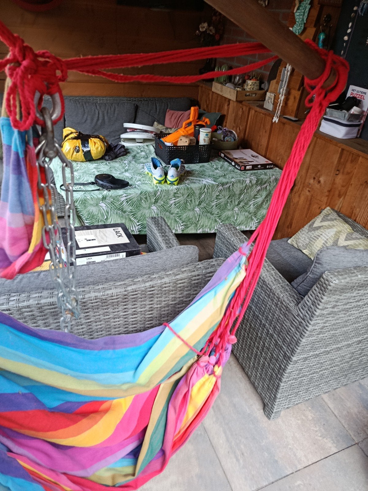 Grote gekleurde hangzak met ophangkabel, Ophalen, Gebruikt, Eenpersoons, Binnen