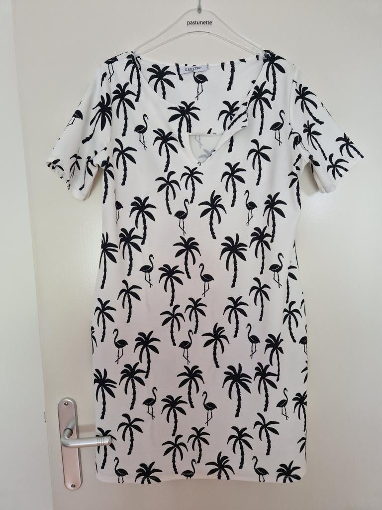Jurk nieuw Flamingo palmbomen merk G.Ricceri zwart wit, Zwart, Maat 42/44 (L), Nieuw, Ophalen of Verzenden