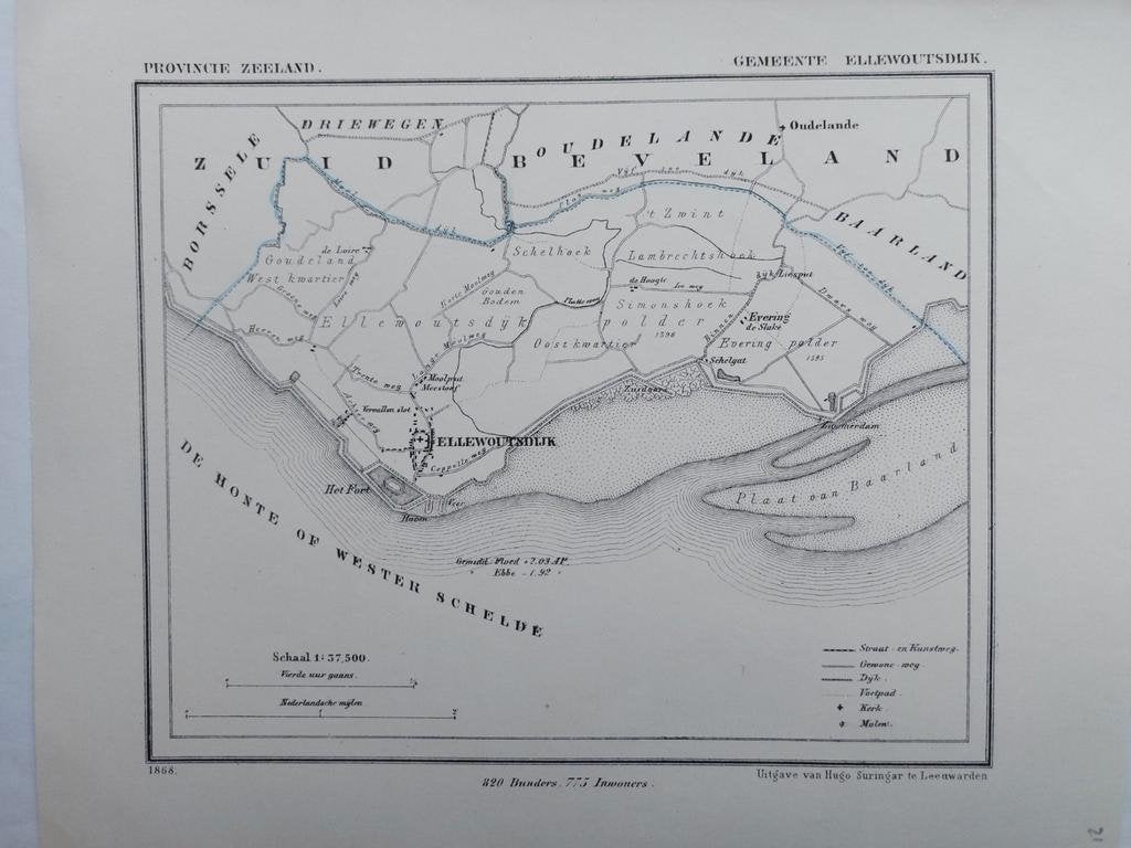 21 / Ellewoutsdijk Zeeland Litho uit 1868 van J. Kuyper, Ophalen of Verzenden