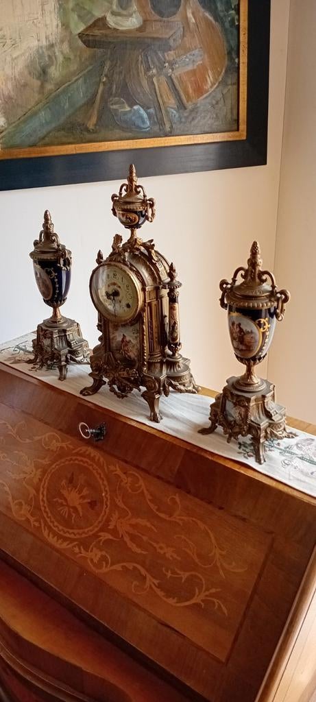 Antieke Franse Klok met Kandelaars - Brons en Porselein, Antiek en Kunst, Antiek | Klokken, Ophalen