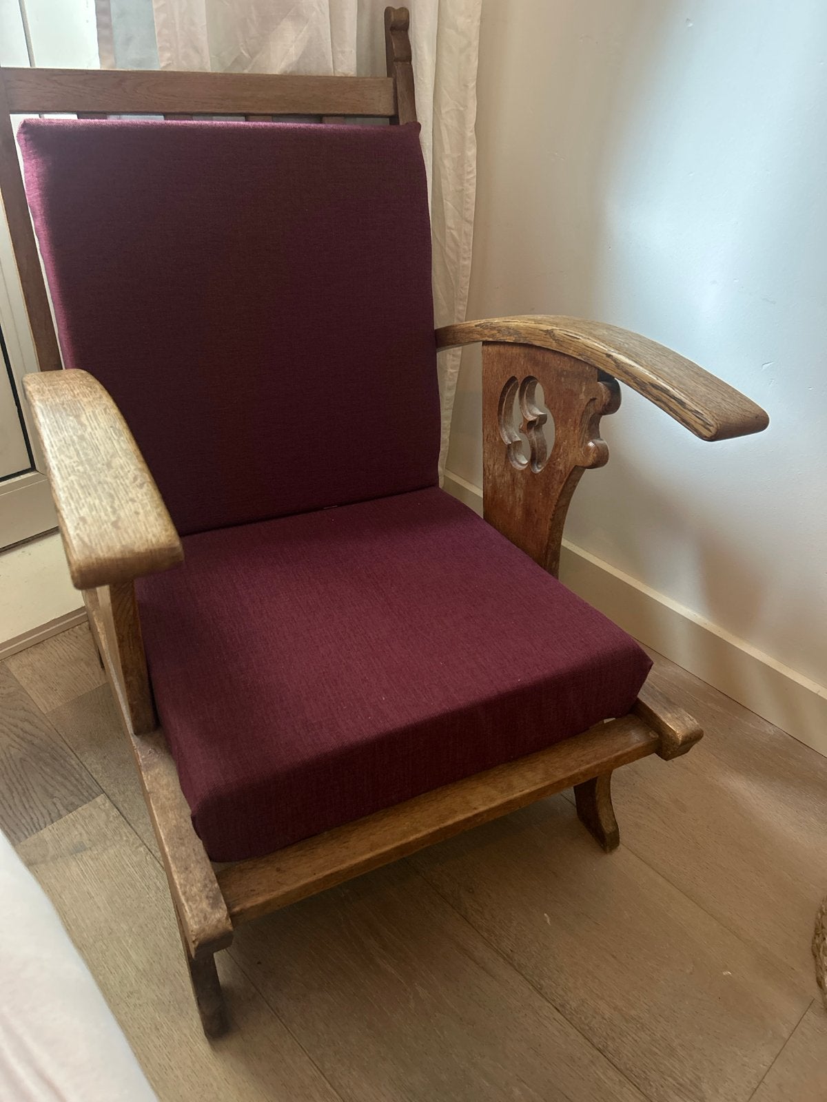 Vintage houten stoel met bordeauxrode kussens, Ophalen of Verzenden