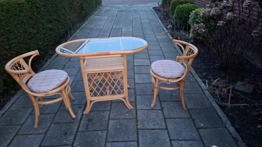 Rotan tafeltje met twee stoelen - Vintage set, Gebruikt, 50 tot 100 cm, Tot twee personen, Ovaal