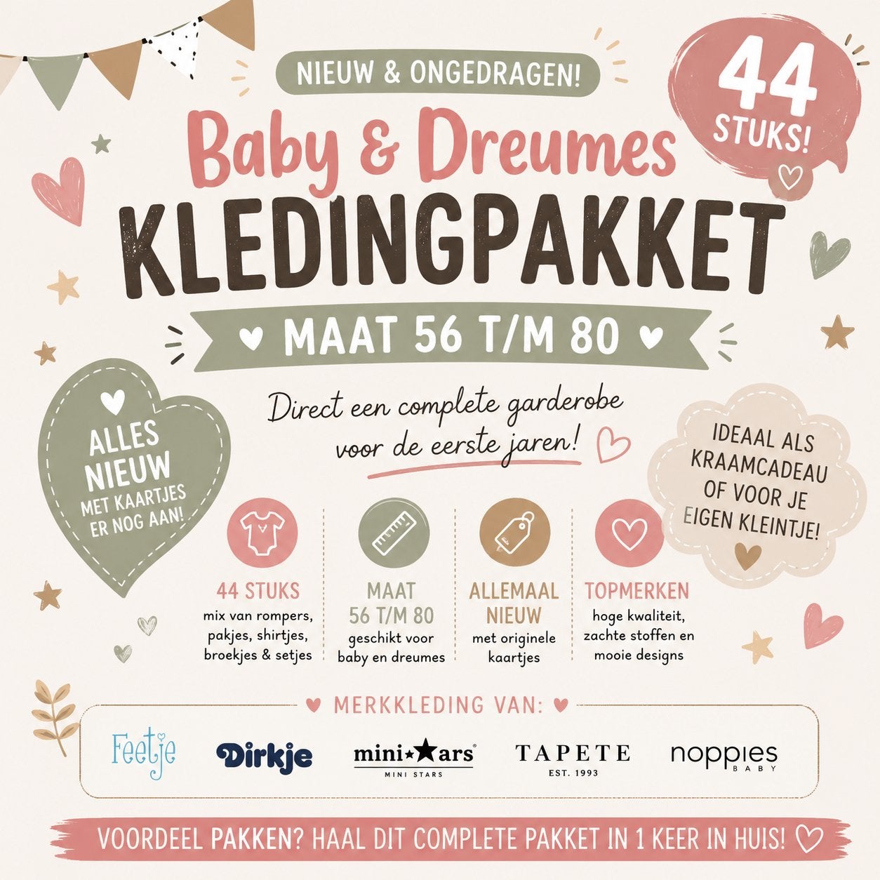 Nieuw! Baby & Dreumes Merkkledingpakket, 44 stuks maat 50-80, Kinderen en Baby's, Babykleding | Baby-kledingpakketten, Ophalen of Verzenden