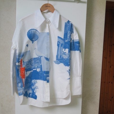 Oversized blouse nieuw print blauw luxekraag Odeeh mt 42-44, Odeeh, Blauw, Maat 42/44 (L), Nieuw