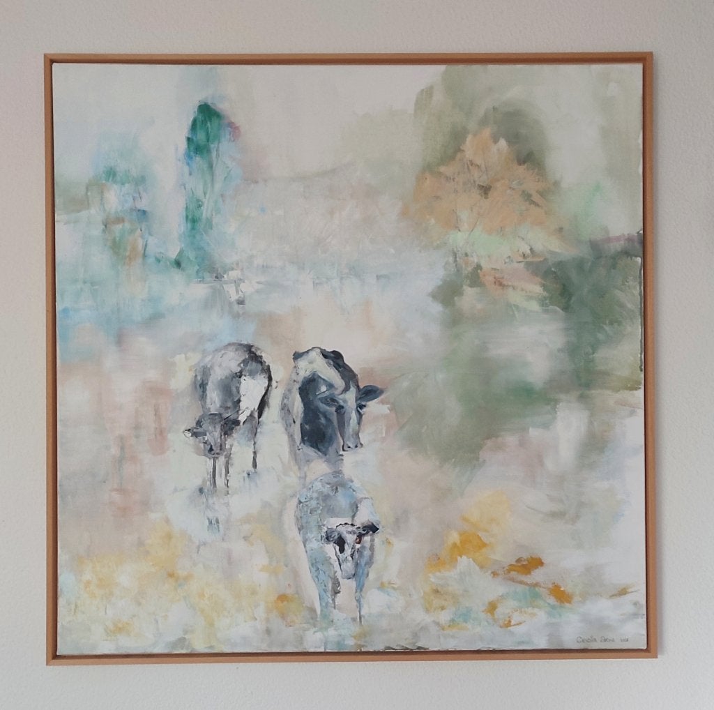 Olieverf "Koeien in de mist", Ophalen, Oorspronkelijke maker, Zo goed als nieuw, Schilderij