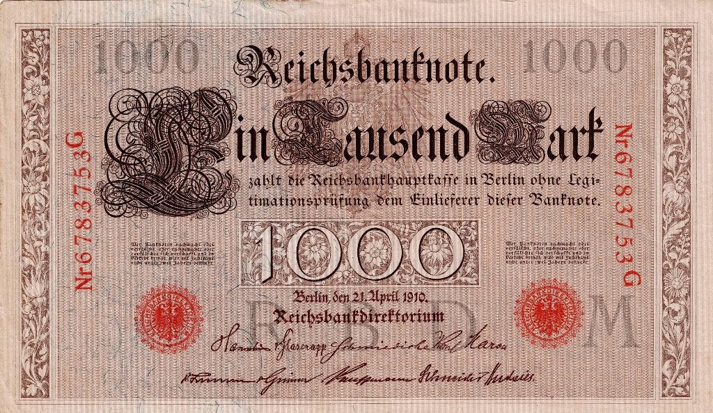 Duits Bankbiljet ‘Ein Tausend Mark’ uitgifte 1910 (rood), Ophalen of Verzenden, Duitsland, Los biljet