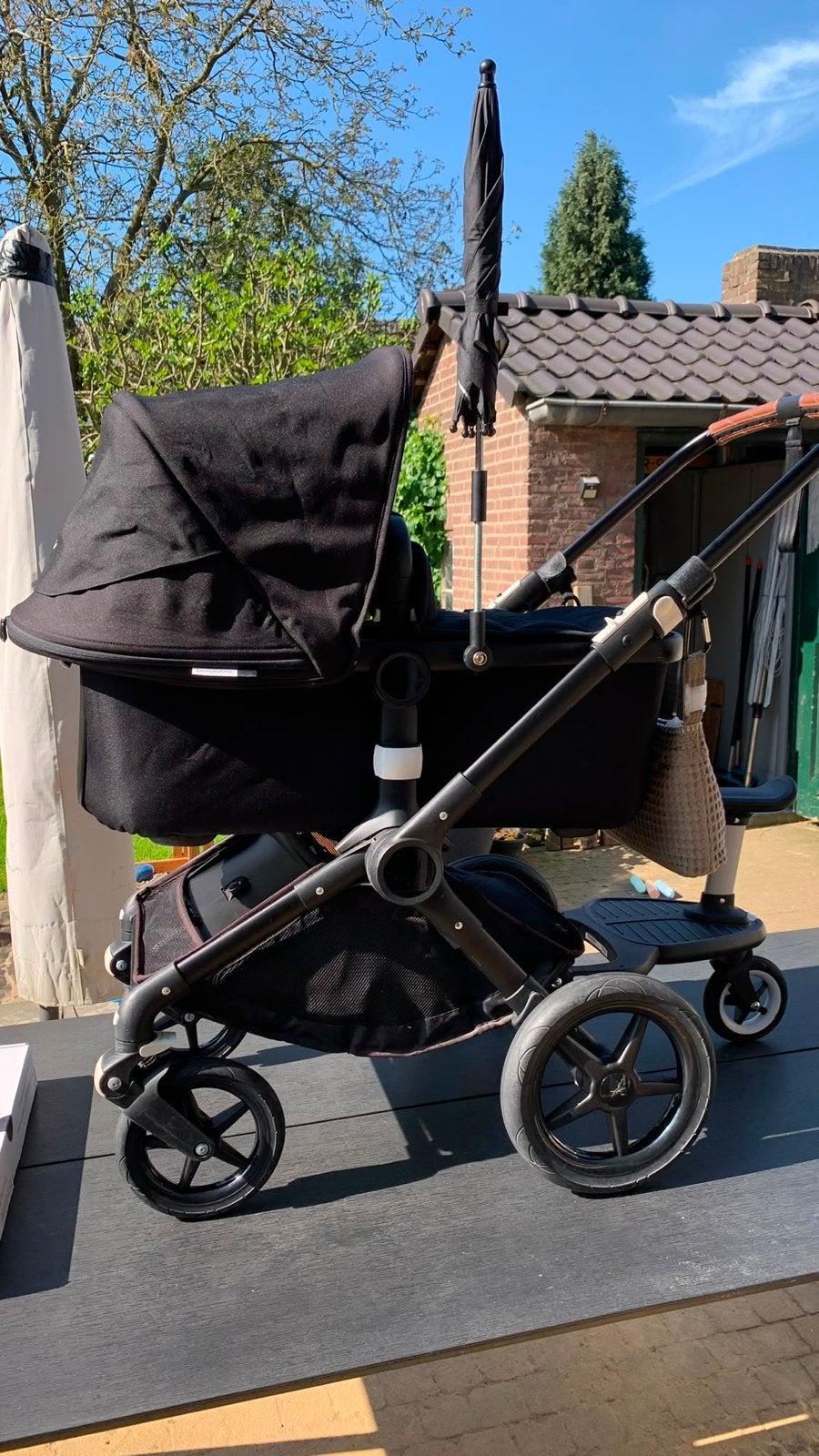 Bugaboo Fox All Black met Cognac Handvatten + Meerijplankje, Ophalen, Gebruikt, Bugaboo, Combiwagen