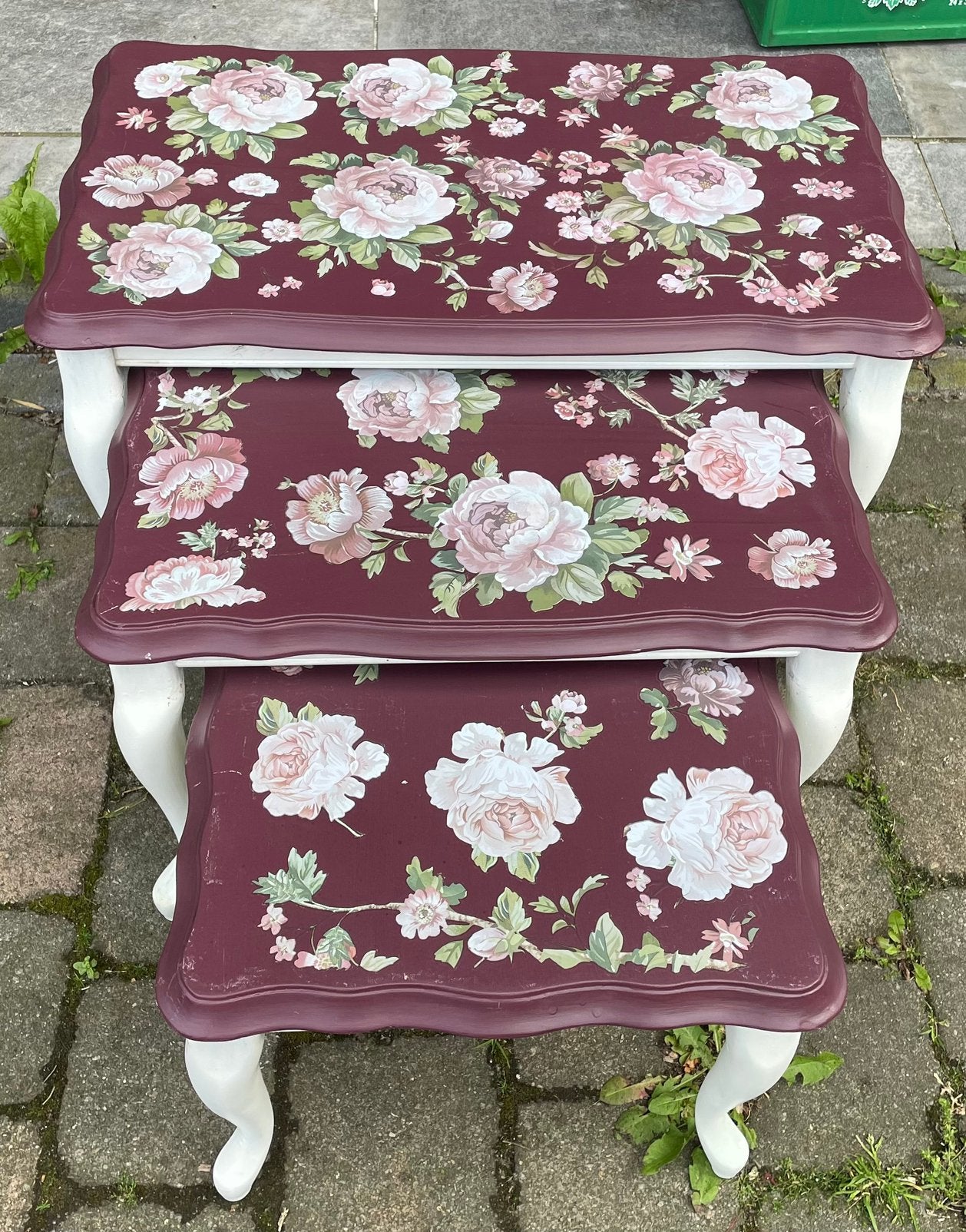 Romantische Brocante Nesttafels met Rozenmotief | Set van 3, Ophalen