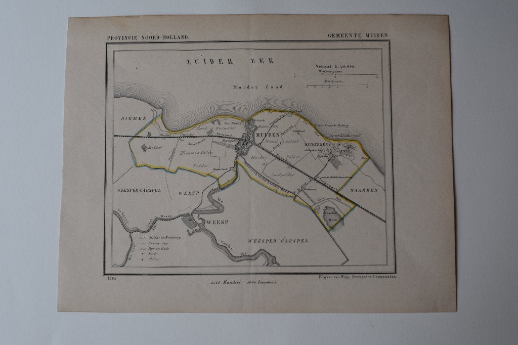 MUIDEN MUIDERBERG GEMEENTEKAART J. KUYPER 1865 Litho M17, 1800 - 1899, Verzenden, Cartografie, Blanco verso