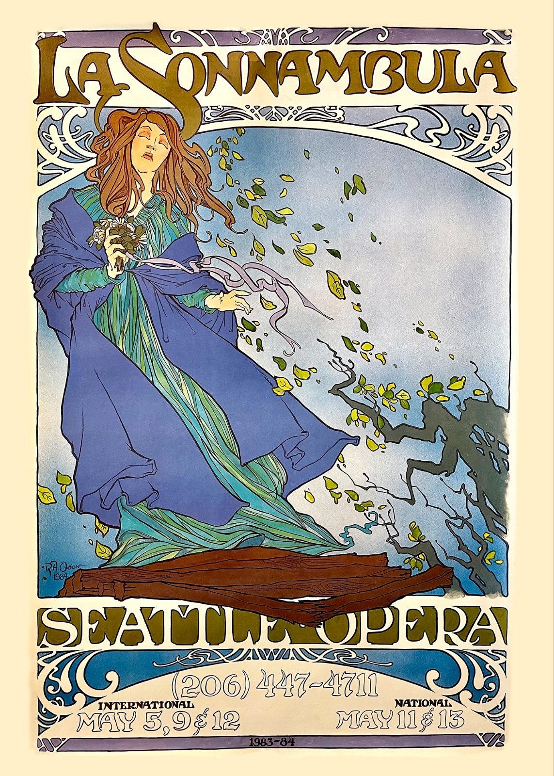 Vintage La Sonnambula Seattle Opera Poster (1983-84), Ophalen of Verzenden, A1 t/m A3, Overige onderwerpen, Rechthoekig Staand