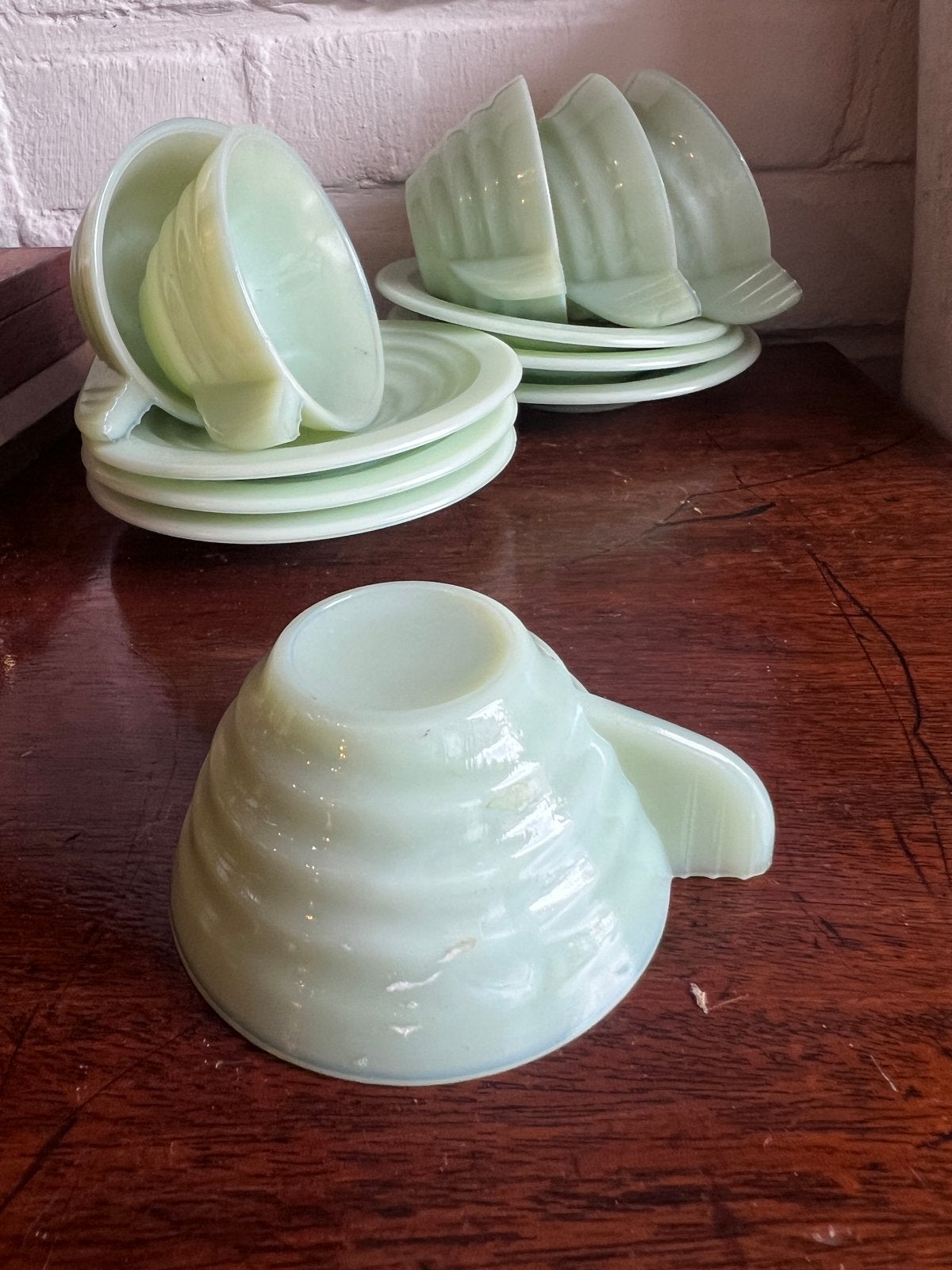 Set van 6 Art Deco opaline glazen kopjes en schotels, Antiek en Kunst, Ophalen of Verzenden