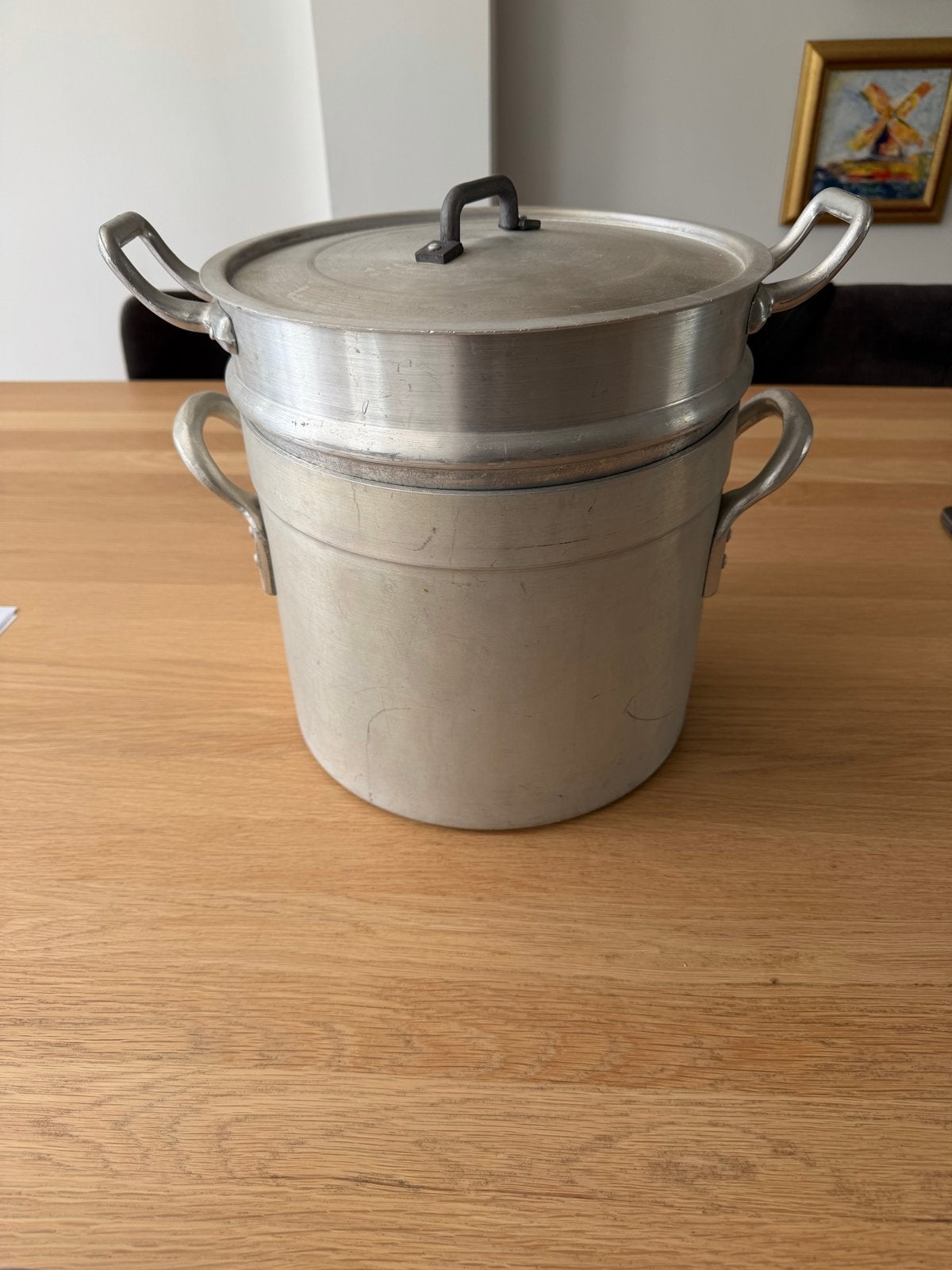 Grote professionele aluminium pan met vergiet-inzet, Huis en Inrichting, Keuken | Potten en Pannen, Gebruikt, Met deksel, Aluminium