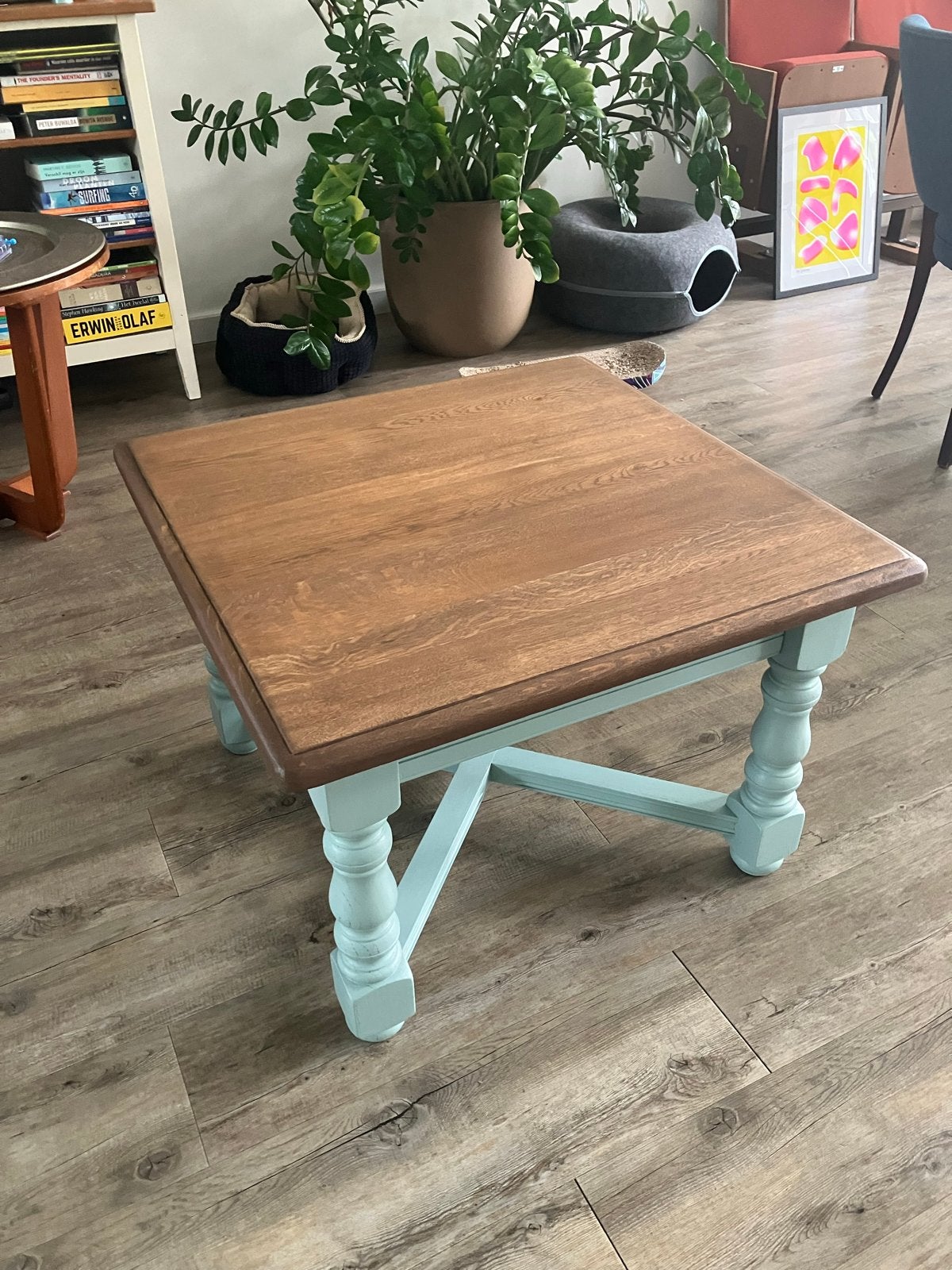 Vintage massief eikenhouten salontafel, gewaxed blad 70cm, Ophalen, Gebruikt, 50 tot 100 cm, 50 tot 100 cm
