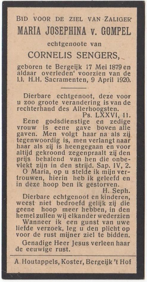 Maria J. van Gompel 1879 Bergeijk + 1920 Bergeijk, 40 jaar, Verzenden