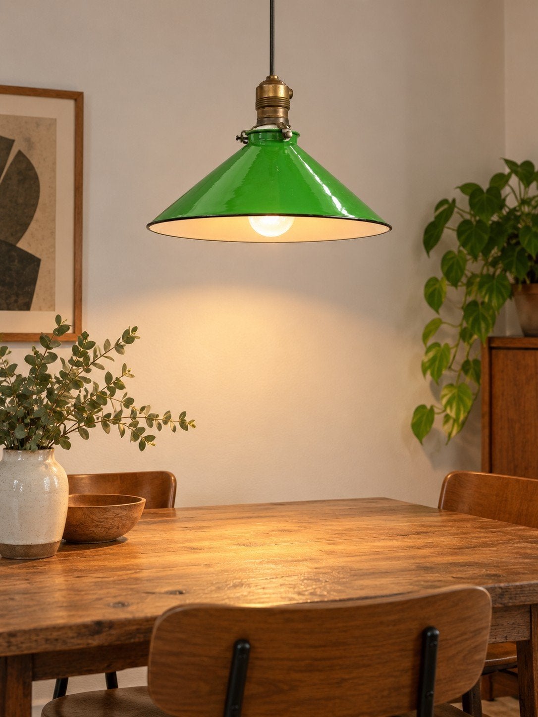 Vintage Groene Emaille Hanglamp - Messing Fitting, Ophalen of Verzenden