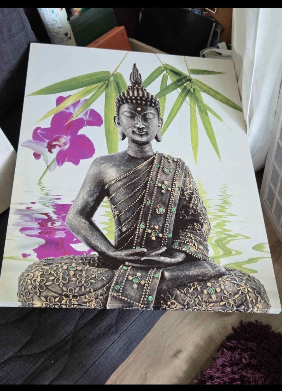 Boeddha schilderij met bamboe en orchideeën, Ophalen, Zo goed als nieuw, Meerkleurig
